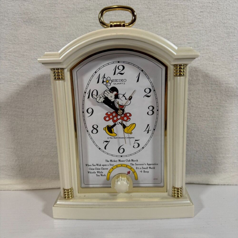 Vintage Seiko Quartz Disney Minnie Mouse Musical Alarm Clock Mantel White